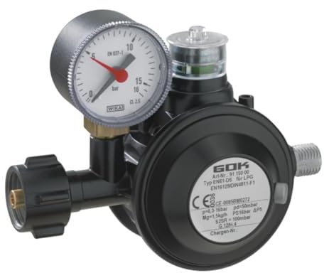 GOK Gasdruckregler EN61-DS PRO 1,5kg/h Regulierventil, schwarz, mit Manometer