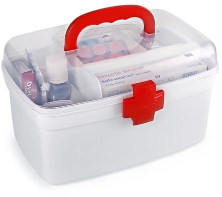 Cello Medico First Aid Box Plastic | Tight locking mechanism with comfortable handle | Multi-function box suitable for storing medicines, bandages, ointments and medical tools | White and Red
