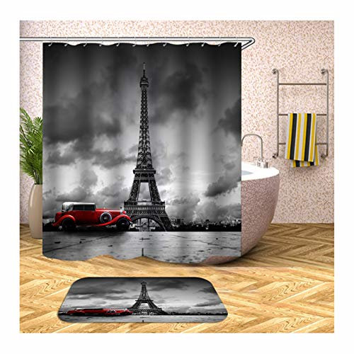 Daesar Badezimmerteppich Toilette 40x60 Eiffelturm und Rot Auto Duschvorhang Vintage 120x180 cm, Badematte 2 Teilig