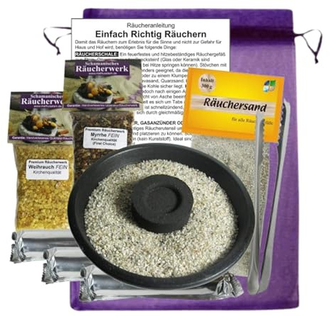 Räuchern 10-TLG Starter-Set XL RÄUCHERSCHALE, RÄUCHERZANGE, Räucherwerk WEIHRAUCH & MYRRHE, 30x Räucherkohle, Zubehör, Anleitung, Lexikon der Räucherstoffe, Täschchen 81116-7S10