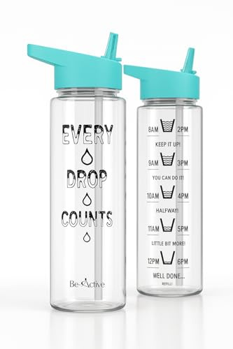 Be-Active Motivational Water Bottle with Straw – With Time Markings - Times to Drink – Tracker - BPA Free (BLUE)