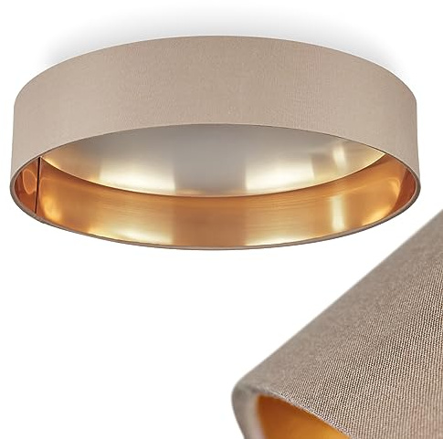 HOFSTEIN LED Deckenlampe Elsa, runde Deckenleuchte aus Metall/Kunststoff/Stoff in Taupe/Weiß/Goldfarben, Ø Schirm 38 cm, Esszimmer, Schlafzimmer, Wohnzimmer, Küche, 24 Watt, 3000 Kelvin, 2100 Lumen