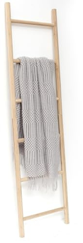 FUIN Fully Assembled 6ft Bamboo Blanket Ladders Living Room Wood Decorative Wall Leaning Farmhouse Quilt Display Holder Rustic Wooden Towel Rack for Bathroom, Unfinished