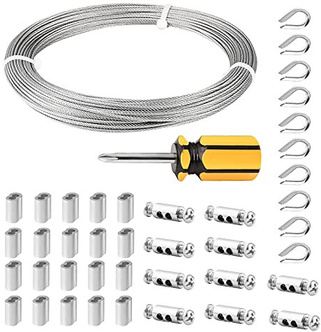 Abimars Cavo acciaio 304 inox 30m, con Manicotti in alluminio, ditali, ideale per piante rampicanti, guida per illuminazione, decorazione per uccelli, cibo, fiori, fai da te