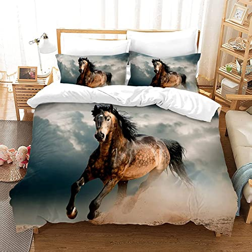 Juego de ropa de cama de 3 piezas con impresión 3D de animales con diseño de caballo, funda de edredón, microfibra,con funda de almohada, para jóvenes, niños, niñas