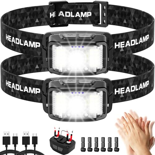 Linterna frontal recargable, paquete de 2 faros LED superbrillantes de 2000 lúmenes, 16 modos de lámpara de cabeza con sensor de movimiento, linterna ligera impermeable IPx6, linterna blanca y roja