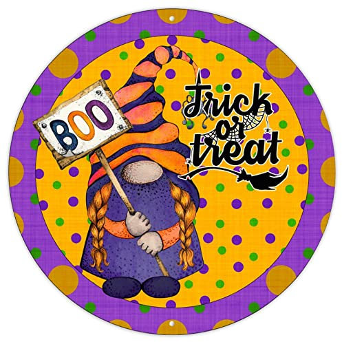 Halloween Runde Türhänger Schild Lila und Grün Polka Wreath Gnomes Men Cave Signs Halloween Trick Or Treat Schild Gruselige Zwerge Halloween Nacht Französisch Vintage Retro Metallschilder 30,5 x 30,5