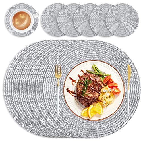 wiipara Round Woven Placemats Set of 6 Heat Resistant Round Braided Table Mats, 34 cm Washable Placemats and Coaster Sets for Dining/Kitchen Table, Party, Wedding, Silver