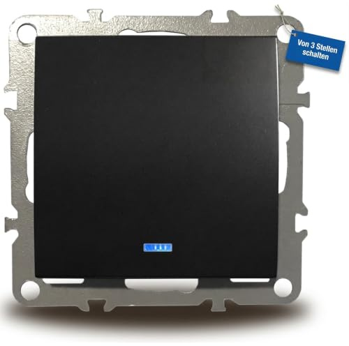 ADELID Kreuzschalter mit Kontrollleuchte Unterputz 84x84mm | Lichtschalter Schwarz matt 220-250V 10A | IP20 Kunststoff | Einzelrahmen Ø60mm Einbaudose