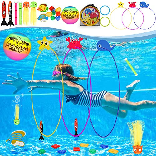 MutoToy® Tauchspielzeug, 27PCS Wasserspielzeug Kinder Outdoor Tauchringe für Kinder mit Spielball Tauchstöcke Edelsteine Pool Spielzeug Schwimmspielzeug für Tauchtraining Poolparty Schwimmbad
