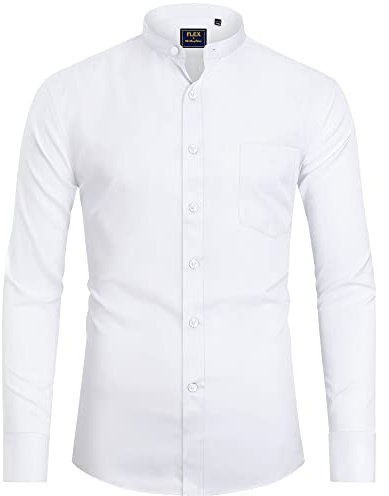 J.VER Mens White Grandad Collar Dress Shirt Regular Fit Long Sleeve Casual Non Iron Button Down Banded Collar Shirt with Pocket XL