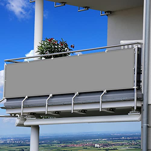Balkon Sichtschutz Seitenmarkise 130 x 650 cm mit Ösen und Kordel Baldachin PB2 PES 100% Polyester für Balkon Garten Balkongeländer, Hellgrau