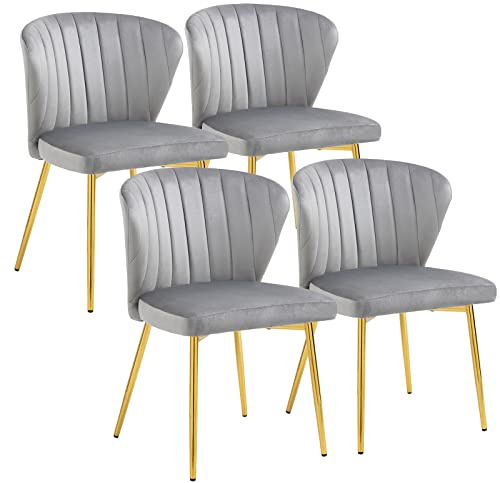 Sepnine® Esszimmerstühle Samt 4er Set, Moderner Küchenstuhl, Polsterstuhl Esszimmer, Ergonomischer Essstuhl mit goldenen Beinen für Wohnzimmer, Schlafzimmer, Küche (Grau)