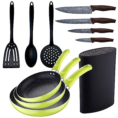 Set 3pc sarten (20+24+28cm) aluminio prensado verde con Set 3pcs utensilios de cocina con Set 4pc cuchillos acero inoxidable con Tacoma/bloque de c
