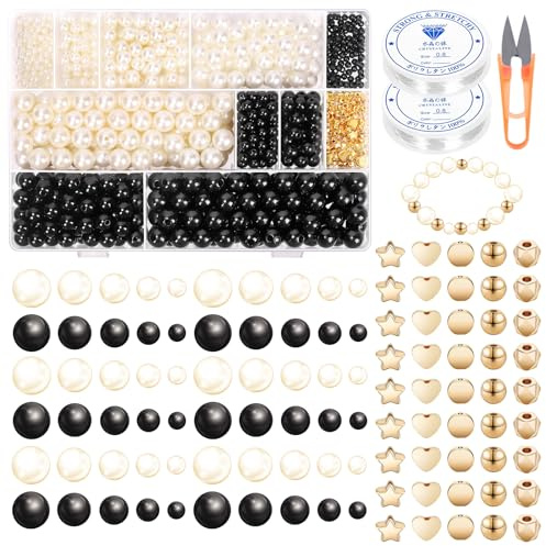 Swpeet 1503Pcs 2 Farben 4/6/8/10/12mm Perlenarmband Herstellung Kit beinhaltet 1000Pcs schwarz/weiß perforierte Perlen, 500Pcs Abstandsperlen, 2Pcs elastische Strings, 1Pc Schere für DIY Schmuck Perle