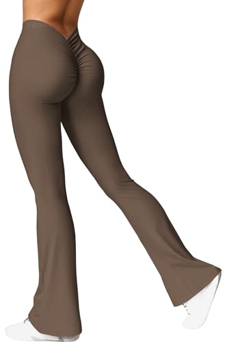 YEOREO Damen Flared Leggings V-Ausschnitt Taille Scrunch Workout Leggings High Waisted Butt Lifting Nahtlose Gym Yoga Schlaghose Kaffee L