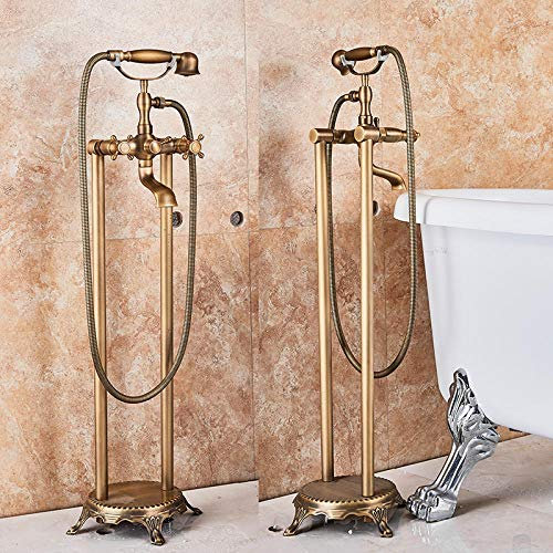 Antique Brass Bathtub Shower Faucet Set Brass Hand Shower Dual Knobs Mixer Tap Swivel Mixer Floor Standing Shower Faucet, YJHH