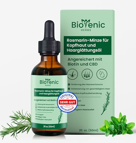Biotenic Herbs® Bio Rosmarinöl Haare, Rosmarin-Minze-Biotin-Rizinusöl und Cannabidiol |Unterstützt das Haarwachstum |100% Vegan Rosmarinöl - Zertifiziert und klinisch getestet aus Deutschland - 60ml