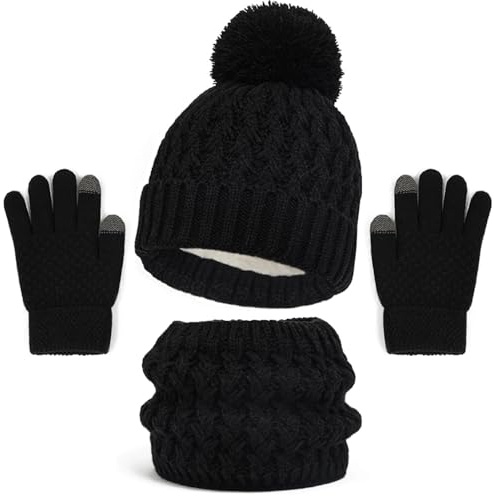 LINSOCLE 3 en 1 Bonnet Enfant Fille Garcon, Ensemble Bonnet Echarpe Enfant,Tour de Cou avec Doublure, Hiver Accessoires Ensemble Set Pour 2 à 6 ans