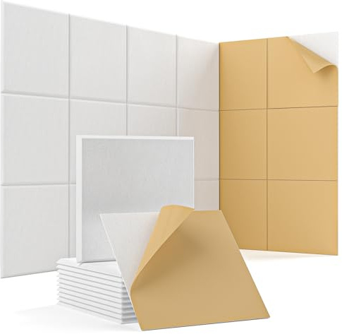 Woovio Lot de 12 panneaux acoustiques avec autocollants, panneaux insonorisants haute densité, décoration murale, 30,5 x 30,5 x 1 cm, blanc