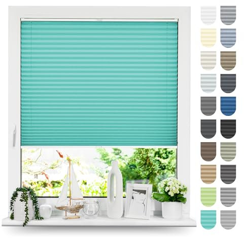 Tom'Shop Plissee mit Bohren Sonnenschutz Plisseerollo Jalousie Lichtdurchlässig und Blickdicht für Fenster & Tür Premium-Falten 3 Kollektionen zur Auswahl(NELA Türkis B130cm x H80cm)