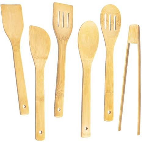 Ustensiles de Cuisine en Bois Set de Cuisine Anti Rayures en bambou Outil Accessoires Complet 30CM - 6 pcs Ensemble d'ustensiles Cuisine pour casseroles et poêles antiadhésives