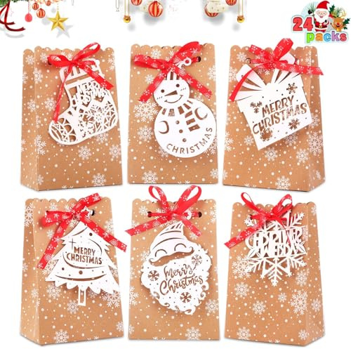 SAMSYOKI 24 Stück Geschenktüten Weihnachten, Weihnachtstüten aus Kraftpapier Geschenktaschen Papiertüten mit Weihnachtsanhänger und Band für Süßigkeiten Plätzchen Geschenke