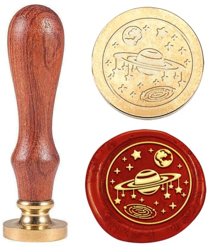 Hobbspring 1 Stück Planeten Wachs Siegelstempel Vintage Wachs Siegelstempel Geschenk für Weihnachten 25mm Abnehmbarer Messingkopfstempel Mit Holzgriff Einladungskarten Wachsstempel Für Umschlagdekor