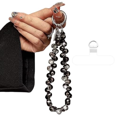 Calkkrer Schwarze Kristallperlen Handyschlaufe, Edle Mode Handykette, Glitzernde Y2K Schlüsselanhänger, Einzigartige Keychain mit Charme, Telefon Charme, Smartphone Lanyard
