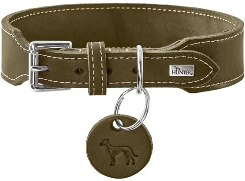 HUNTER Aalborg Extrabreit Hundehalsband | weiches Rindsoftleder, extra breit, mit eleganter Kontrastnaht, Made in Germany, Farbe: Oliv, Größe: 50