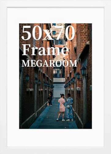 MEGAROOM Bilderrahmen 50x70 cm Weiß – Großer Posterrahmen mit Splitterschutz-Plexiglas – Robuste MDF-Holzmaserung für Wandgalerien & Kunstwerke – Sicherer Halt – 1er Set