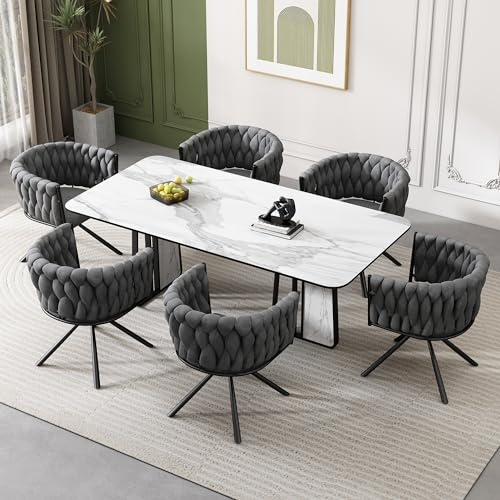 Merax 6er Set Esszimmerstühle Drehbar, Esszimmerstühle mit Armlehne, Küchenstühle, Stühle Esszimmer, Luxus Drehstühle für Esszimmer, Lounge, Schlafzimmerkommode, Samt, Grau+Schwarz