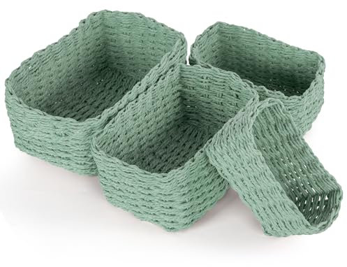 Vikcvcsc 4 Stück Aufbewahrungskorb aus Recycling PapierSeil Geflochten, Stapelbarer Badezimmer Körbe Aufbewahrung, Aufbewahrungskörbe Set für Wohnzimmer Küchen Kinderzimmer Bad(Grün)