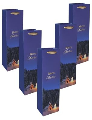 SIGEL GT129 Gift Bag SIGEL Bottle - Blue - Winter Landscape - with Base Insert and Colour-Coordinated Silk Ribbon Handles - Plastic, White Cardboard - 10 x 35 x 8 cm - Pack of 5
