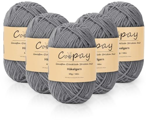 Coopay Wolle zum Häkeln, 225g (5x45g) Weiches Häkelgarn, 5 Faiding Wolle zum Stricken, Babywolle zum Häkeln für Anfänger, Super Weich Häkelgarn Babywolle für Häkel- und Strickprojekt - Dunkelgrau