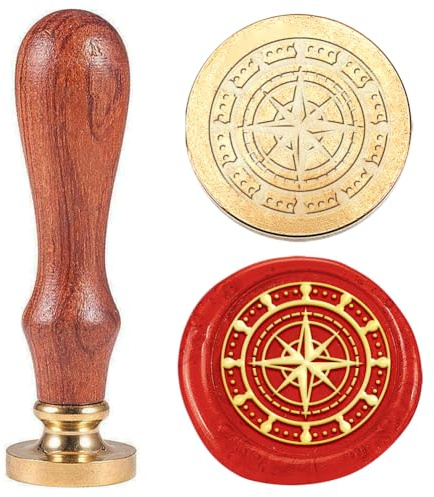 Hobbspring Kompass Siegelwachs Stempel Vintage Wachssiegel Stempel 25mm Abnehmbarer Messingkopfstempel Mit Holzgriff Für Hochzeitseinladungen Erntedankfest Geschenkverpackung Zurück zur Schule