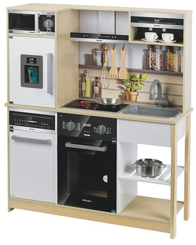 Theo Klein 7188 Miele Family Kitchen I Träkök med spis inklusive ljus- och ljudfunktion, mikrovågsugn och kylskåp med isbitsmaskin