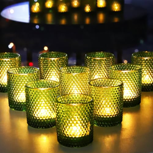 Green Tealight Holders Glass for Christmas, 12Pcs Bubbles Tea Light Holders | Vohocandle Bubble Tea Light Candle Holders Glass for Room, Garden, Wedding or Other Celebrations Decor (5.5 W × 6.5 H cm)
