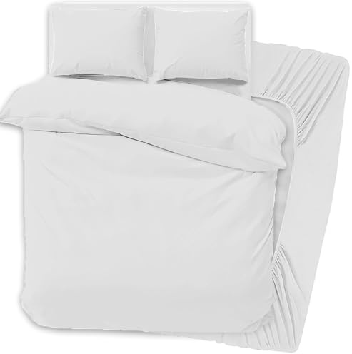 PRIME LINENS 4 Pcs Duvet Cover Set with Matching Fitted Sheet 30 cm Deep - Soft Breathable Premium Microfibre Quilt Cover Bedding Set (White, Double)