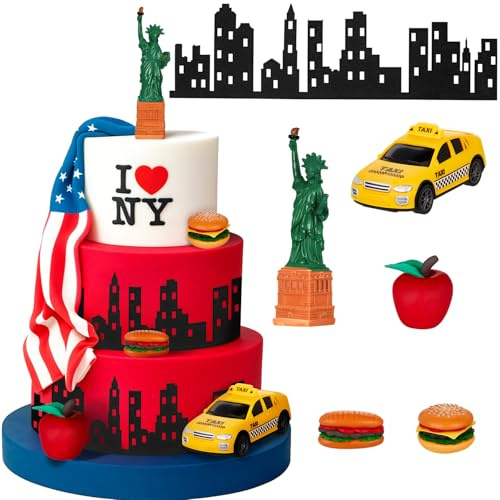 Gemscream 9 Pcs New York Cake Decorations New York Party Decorations Mini Statue of Liberty Yellow Taxi Apple Skyscraper Borders Hot Dogs for American Theme Party Birthday NYC Souvenirs Gift
