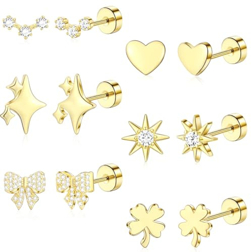 ZHESHY 6 Paar Ohrringe Gold Silber Set 316L Chirurgenstahl Medizinische Helix Piercings Ohrstecker Hypoallergene 14k Vergoldet Klein Tragus Conch Piercing Ohr Goldene Ohrringe Stecker Damen Schmuck