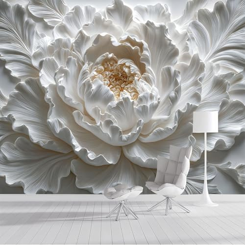 Carta Da Parati Peonia In Rilievo 3D Fotomurali Fiori Tridimensionali Decorazione da Muro XXL Poster Gigante Design per Camera letto, Soggiorno, 250x175cm, Bianco