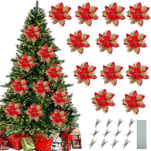 HTTDSLF 12pcs Flores de Navidad Artificiales, Flores Artificiales de Navidad Poinsetti, para Guirnalda y Corona Decoración Navideña, Adornos para Guirnalda Fiesta Boda Año Nuevo Decoración (12, Rojo)