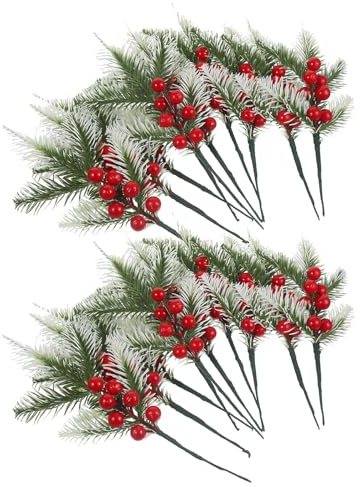 ZUNOXAZ 20pezzi Bacche di Natale Artificiali Rami di Pino Ghiacciato Steli di Bacche per Decorazioni Natalizie Artificiale per Alberi di Natale e Ghirlande