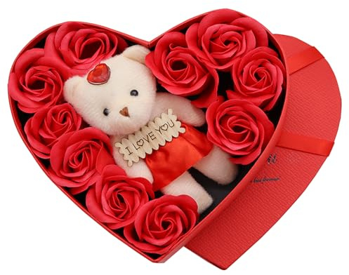 KUKUTrue® 10 Rosas Preservadas con Osito de Peluche en Caja Regalo, Rosa Eterna, Oso de Rosas, San Valentin Regalos Mujer, Regalo para Ella/Él