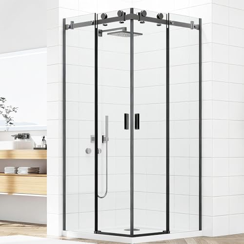 YTTSOYTS Corner Shower Enclosure 32~36 D X 32~36 W X 76 H, 5/16 Tempered Glass Double Sliding Shower Door, Nano Coating Shower Stall for Walk in Shower, Matte Black Shower Enclosure