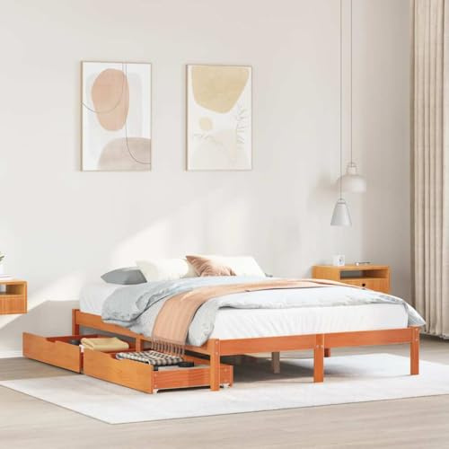 Ordellia Massiv träsäng, vaxbrun, 135 x 190 cm, furu sängram med ribbotten, 2 lådor, robust sängram för sovrum, hållbar plattformssäng, möbler