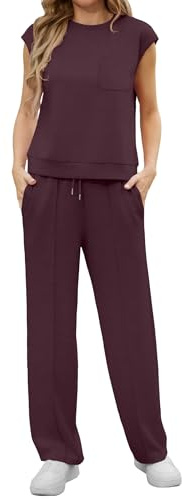 GRECERELLE Ensemble de jogging estival à manches courtes pour femme, ensemble complet, décontracté, col rond, manches à rabat et pantalon de jogging avec poches, M
