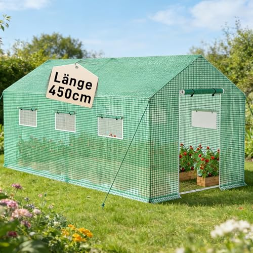 Suusolny Begehbares Gewächshaus Winterfest, 4.5x2x2m Grün, Feuerverzinkter Stahlrahmen, Isoliertes Foliengewächshaus, Überwinterungszelt für Pflanzen, Gartenhäuschen für Balkon & Garten