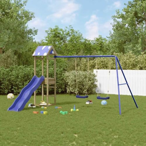 Runheo Torre de juego de madera de pino impregnada con tobogán ondulado, columpio doble, arenero y techo de nubes para jardín, pedestal de 90 cm, 308 x 340 x 195 cm, para niños de 3 a 8 años